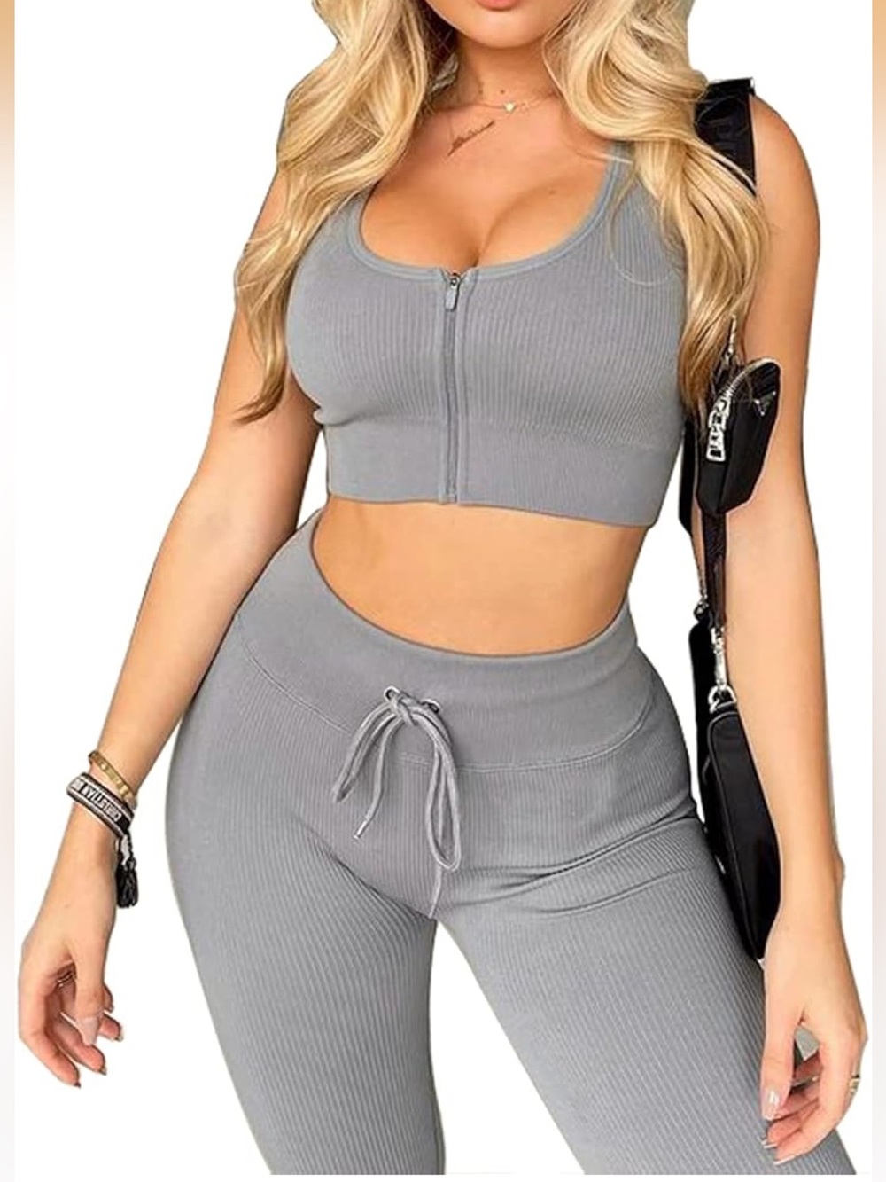 EUC Ribbed Zip-Front Crop Tank and High-Waist Leggings Set - Gray - Large